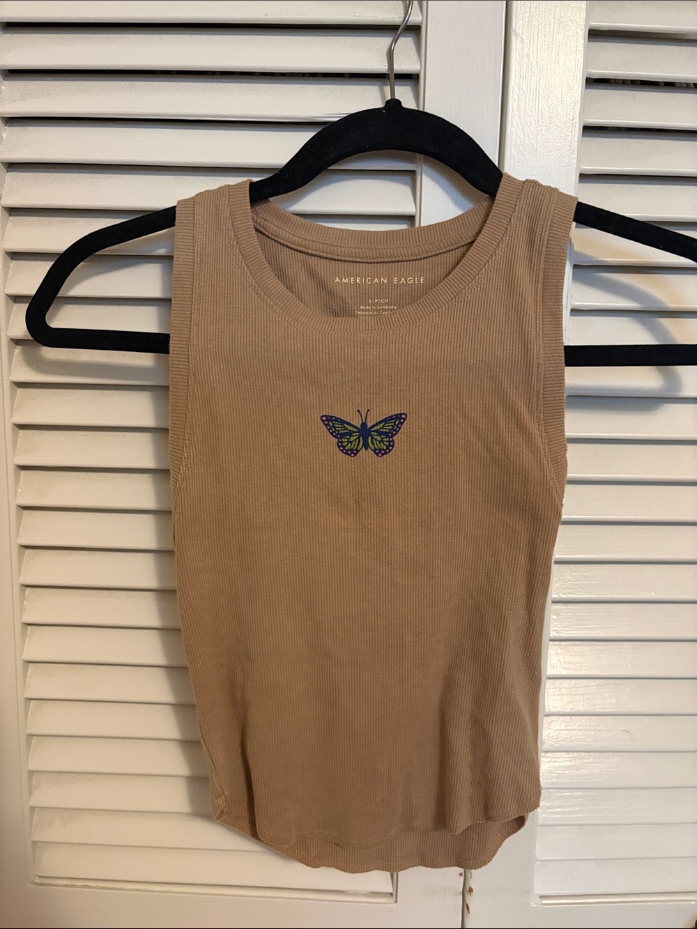 American Eagle Outfitters Tan Ribbed Tank with Embroidered Butterfly size small